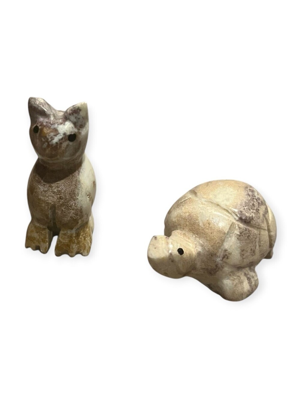 Hand Carved Soapstone Cat and Turtle Figurines Animal Pair